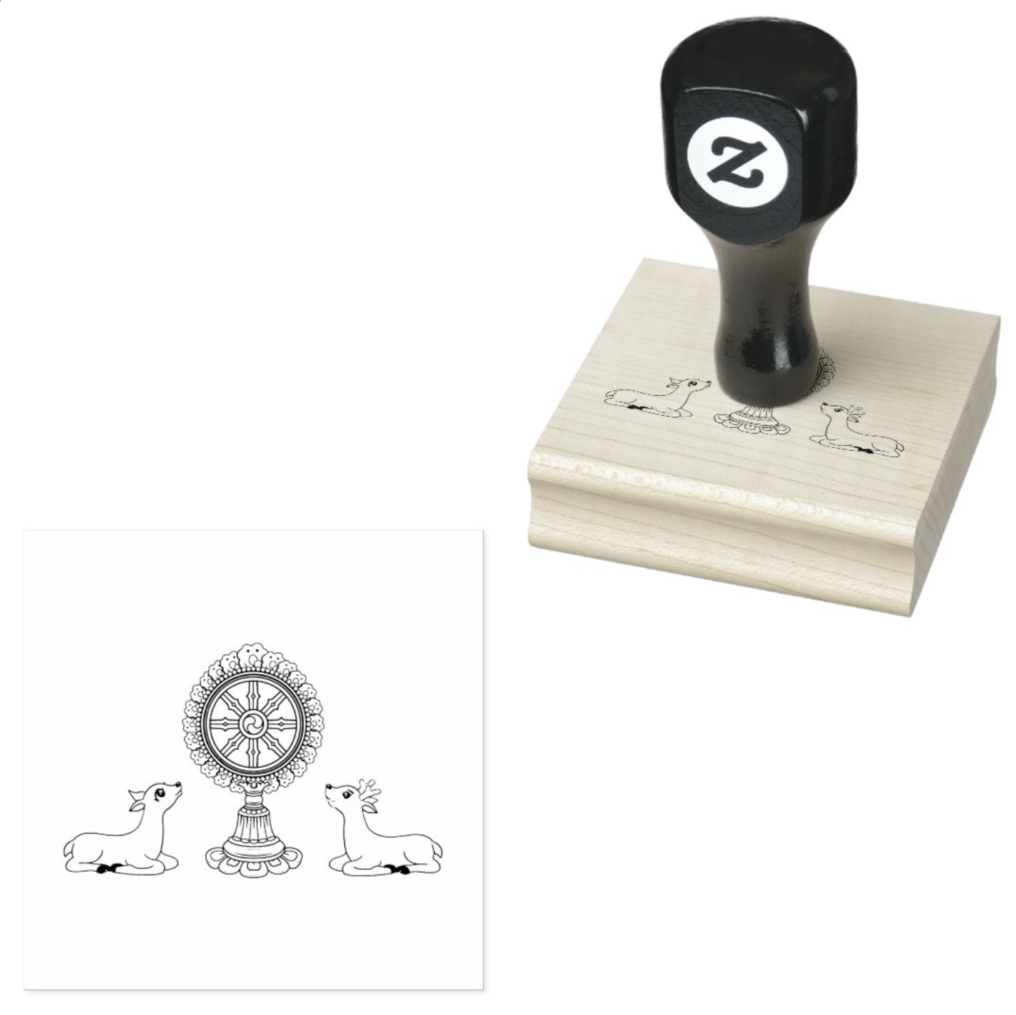 Ink Stamp Dharma Wheel and Deers